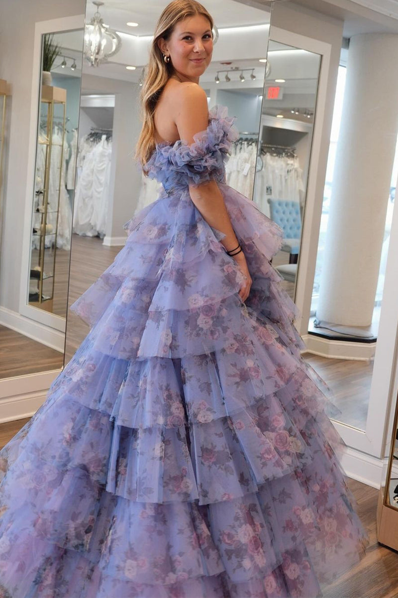 Load image into Gallery viewer, Blue Off the Shoulder Floral Printed Tiered Prom Dress with Pleated