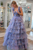 Load image into Gallery viewer, Blue Off the Shoulder Floral Printed Tiered Prom Dress with Pleated