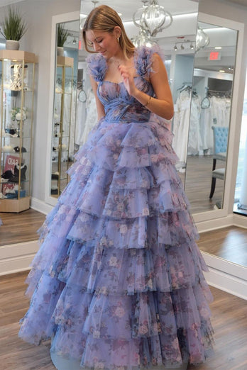 Blue Off the Shoulder Floral Printed Tiered Prom Dress with Pleated