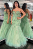 Load image into Gallery viewer, Mermaid Strapless Tulle Green Long Prom Dress with Appliques