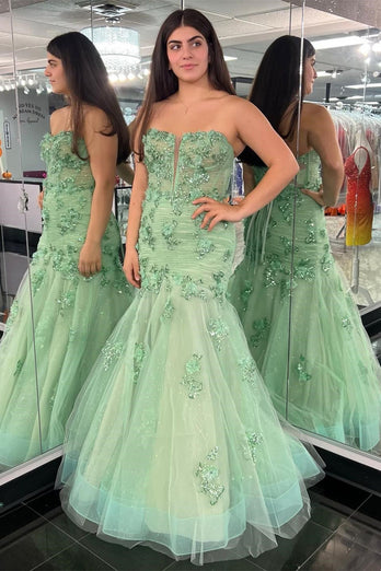 Mermaid Strapless Tulle Green Long Prom Dress with Appliques