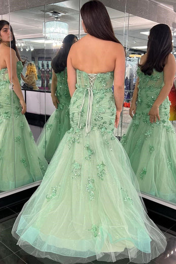 Mermaid Strapless Tulle Green Long Prom Dress with Appliques