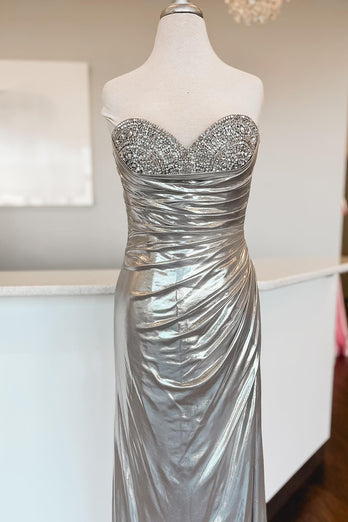 Mermaid Sweetheart Silver Prom Dress with Beading