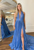 Load image into Gallery viewer, Glitter Blue Pleated Metallic Long Prom Dress with Slit