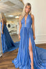 Load image into Gallery viewer, Glitter Blue Pleated Metallic Long Prom Dress with Slit