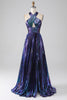 Load image into Gallery viewer, Sparkly Purple Halter A Line Prom Dress with Pleated