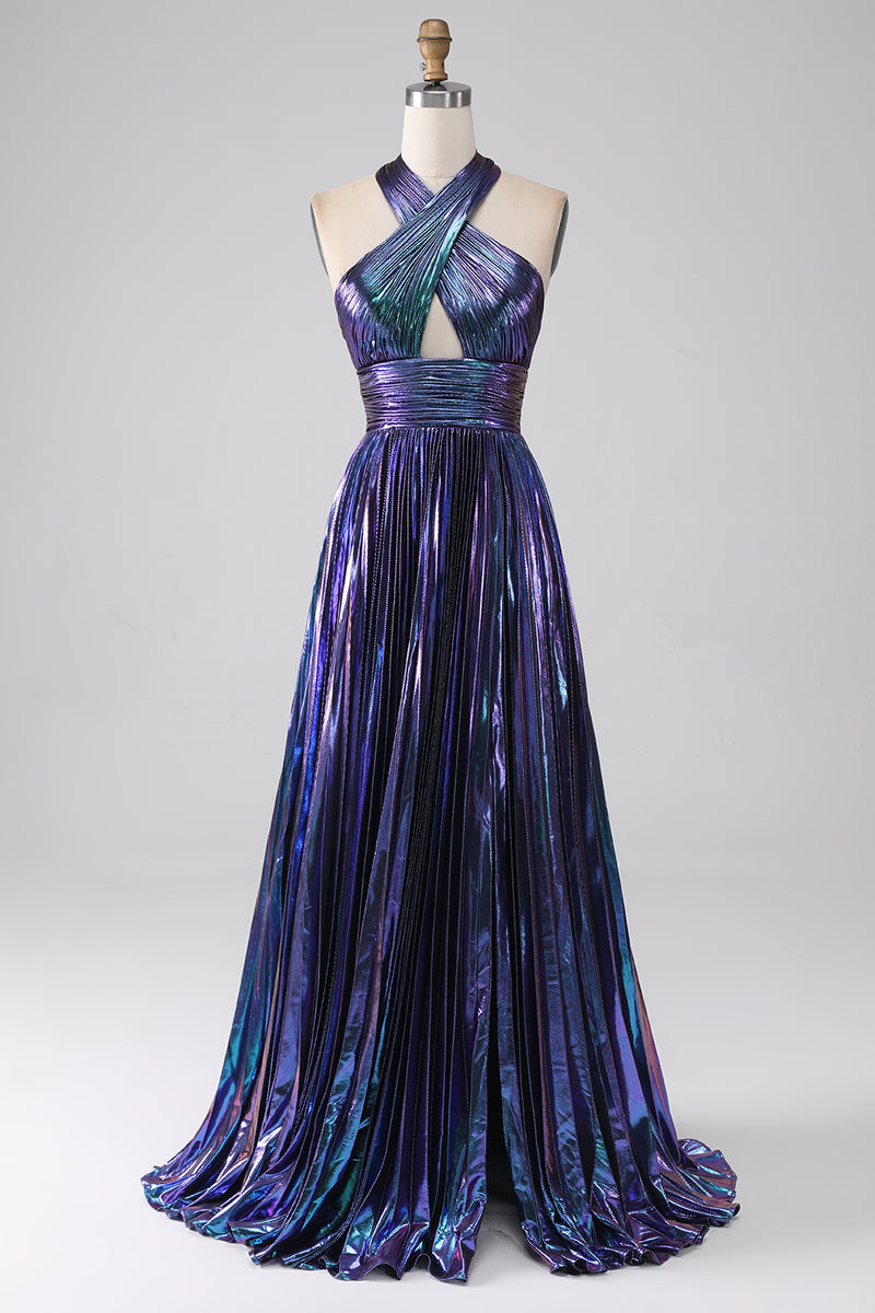 Load image into Gallery viewer, Sparkly Purple Halter A Line Prom Dress with Pleated