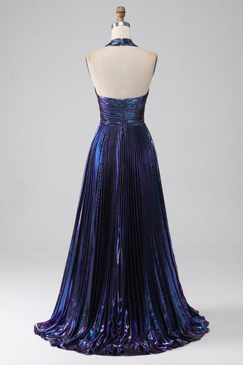 Sparkly Purple Halter A Line Prom Dress with Pleated