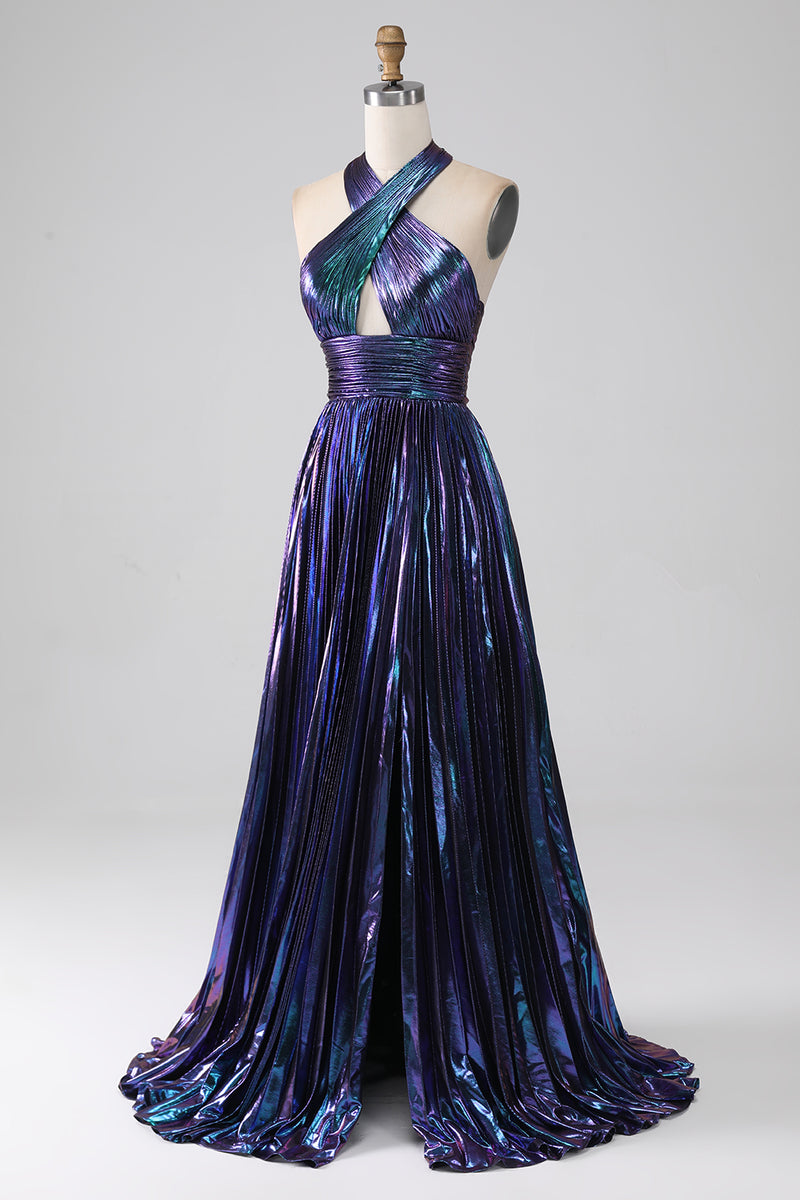 Load image into Gallery viewer, Sparkly Purple Halter A Line Prom Dress with Pleated