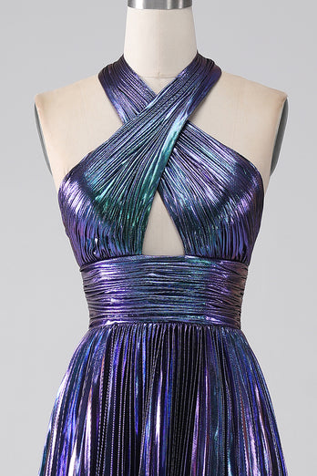 Sparkly Purple Halter A Line Prom Dress with Pleated