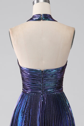 Sparkly Purple Halter A Line Prom Dress with Pleated