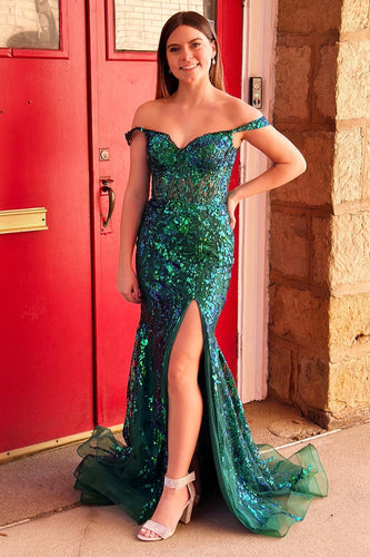 Sparkly Mermaid Off The Shoulder Dark Green Corset Prom Dress with Slit