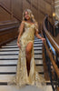 Load image into Gallery viewer, Sparkly Mermaid Off The Shoulder Golden Corset Prom Dress with Slit