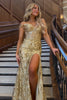 Load image into Gallery viewer, Sparkly Mermaid Off The Shoulder Golden Corset Prom Dress with Slit