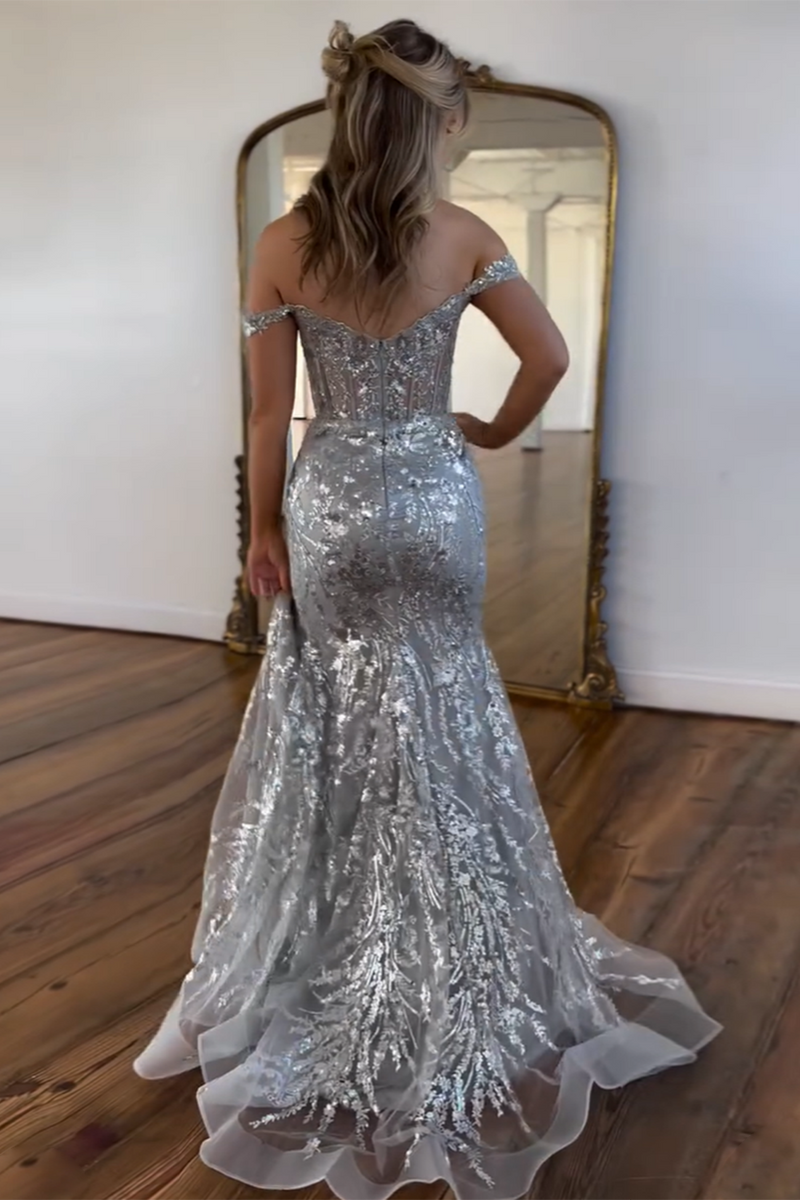 Load image into Gallery viewer, Sparkly Mermaid Off The Shoulder Golden Corset Prom Dress with Slit