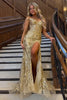 Load image into Gallery viewer, Queendancer Women Sparkly Golden Corset Prom Dress with Slit Mermaid Tulle Paty Dress Off The Shoulder Long Evening Dress with Sequins