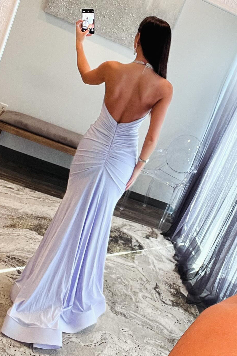 Load image into Gallery viewer, Lilac Mermaid Halter Neck Backless Long Prom Dress