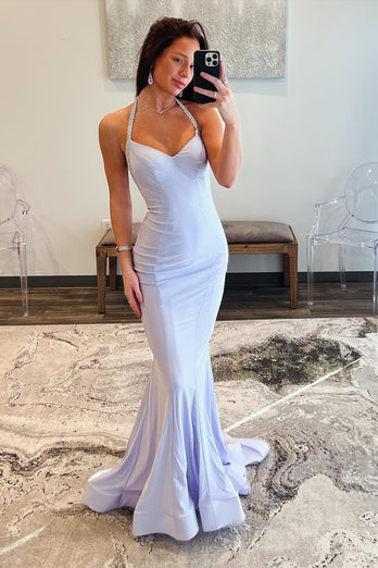 Lilac Mermaid Halter Neck Backless Long Prom Dress