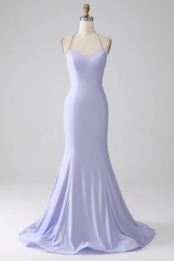 Lilac Mermaid Halter Neck Backless Long Prom Dress