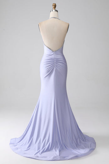 Lilac Mermaid Halter Neck Backless Long Prom Dress