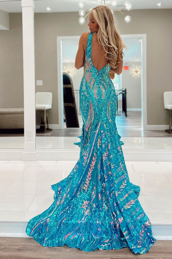 Sparkly Blue Mermaid Backless Long Prom Dress with Sequins