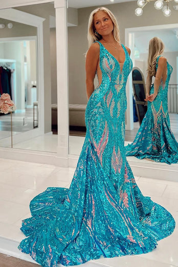 Sparkly Blue Mermaid Backless Long Prom Dress with Sequins