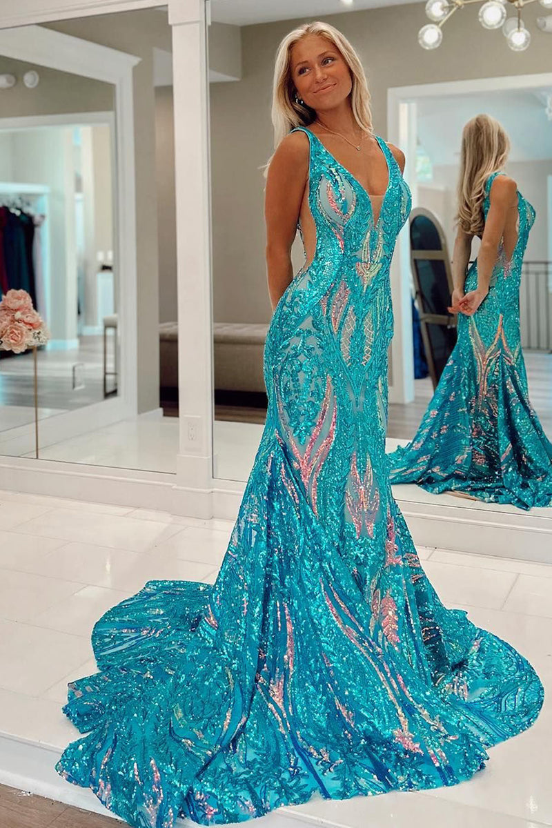 Load image into Gallery viewer, Sparkly Blue Mermaid Backless Long Prom Dress with Sequins