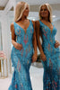 Load image into Gallery viewer, Sparkly Blue Mermaid Backless Long Prom Dress with Sequins