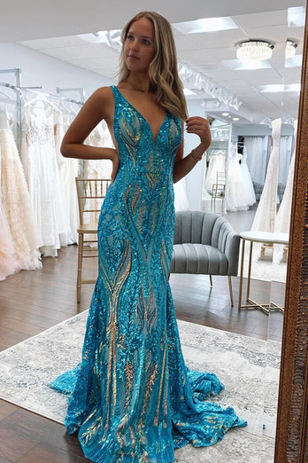 Sparkly Blue Mermaid Backless Long Prom Dress with Sequins