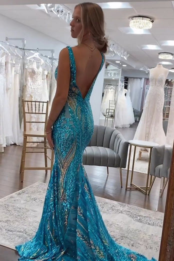 Sparkly Blue Mermaid Backless Long Prom Dress with Sequins