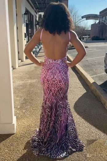 Mermaid Spaghetti Straps Sparkly Fuchsia Prom Dress