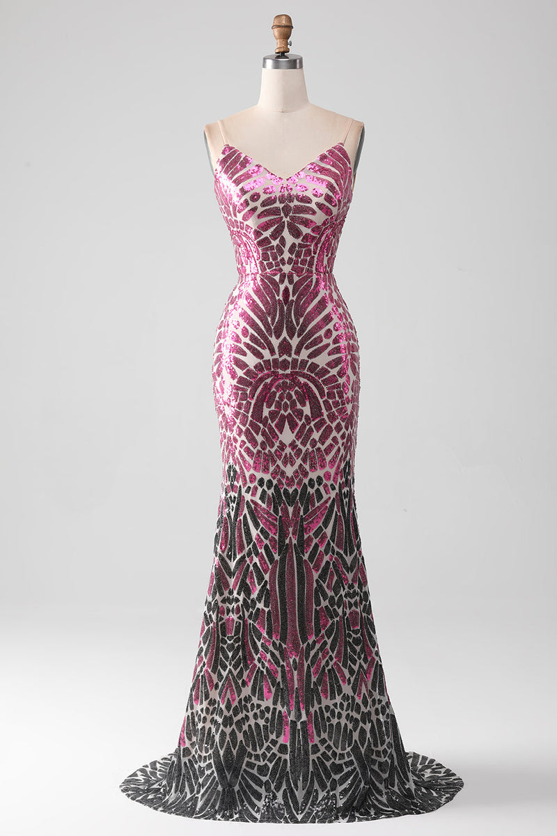 Load image into Gallery viewer, Mermaid Spaghetti Straps Sparkly Fuchsia Prom Dress