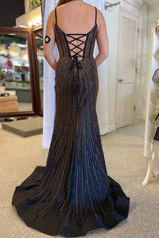 Sparkly Black Mermaid Spaghetti Straps Long Prom Dress with Slit