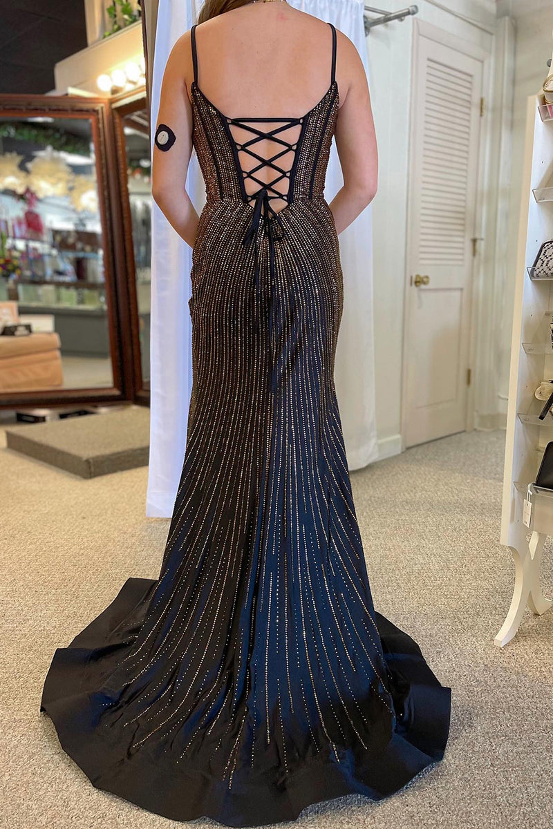 Load image into Gallery viewer, Sparkly Black Mermaid Spaghetti Straps Long Prom Dress with Slit