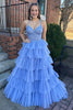 Load image into Gallery viewer, Blue Tulle Tiered Princess Corset Prom Dress with Appliques