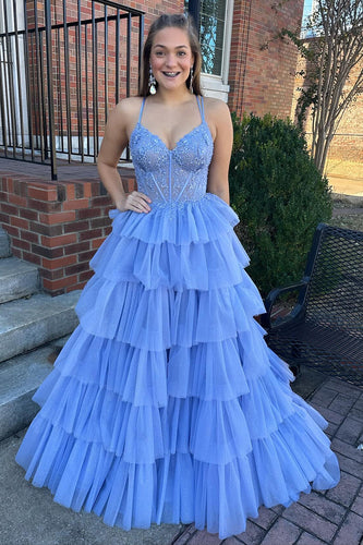 Blue Tulle Tiered Princess Corset Prom Dress with Appliques