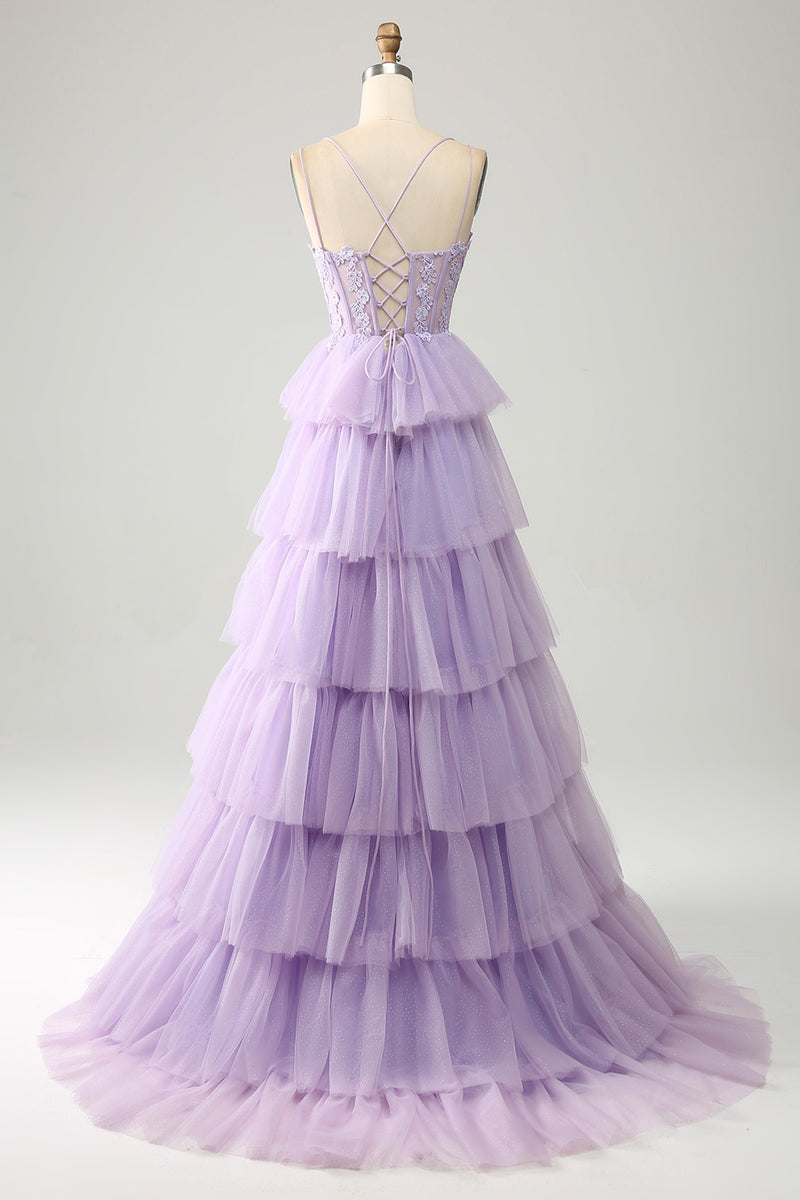 Load image into Gallery viewer, Blue Tulle Tiered Princess Corset Prom Dress with Appliques