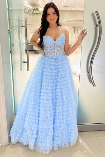 Tulle Strapless Yellow Corset Prom Dress