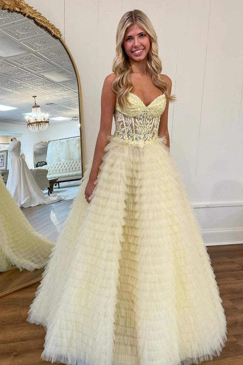 Load image into Gallery viewer, Tulle Strapless Yellow Corset Prom Dress