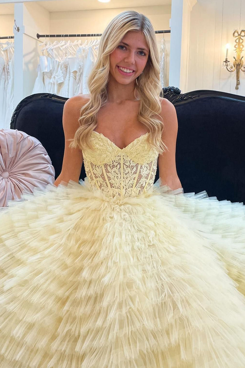 Load image into Gallery viewer, Tulle Strapless Yellow Corset Prom Dress