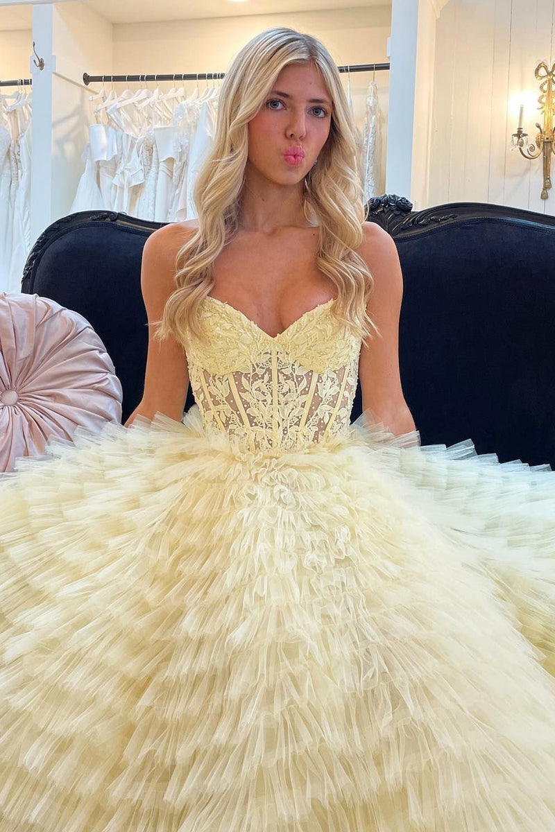 Load image into Gallery viewer, Tulle Strapless Yellow Corset Prom Dress