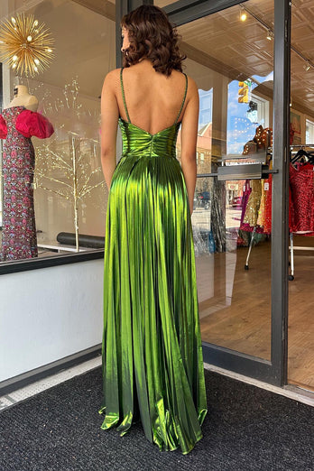 A-Line Spaghetti Straps Pleated Green Prom Dress with Slit