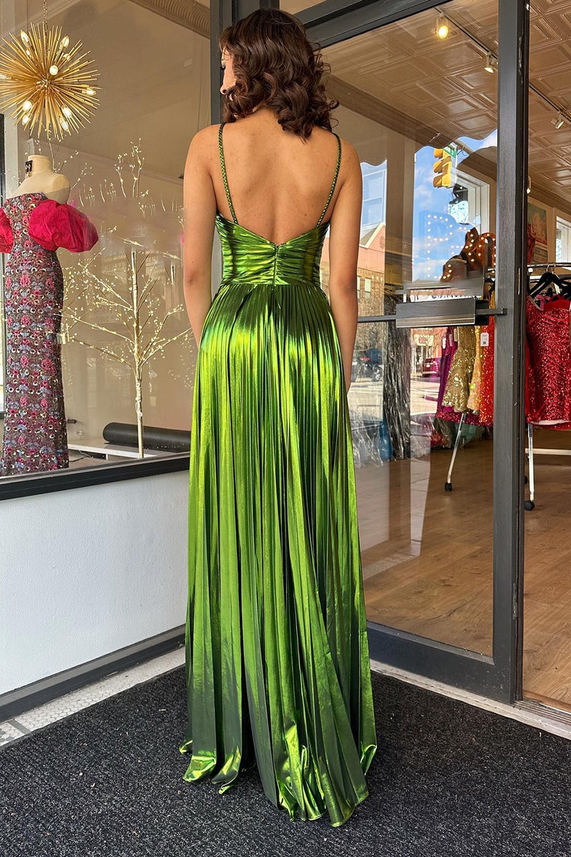 Load image into Gallery viewer, A-Line Spaghetti Straps Pleated Green Prom Dress with Slit