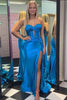 Load image into Gallery viewer, Sparkly Mermaid Dark Blue Corset Prom Dress with Slit