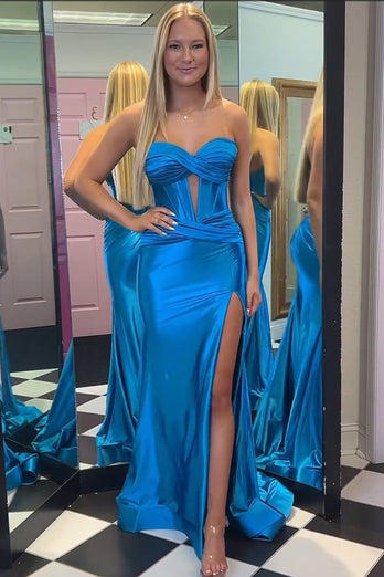 Sparkly Mermaid Dark Blue Corset Prom Dress with Slit