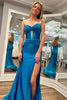 Load image into Gallery viewer, Sparkly Mermaid Dark Blue Corset Prom Dress with Slit