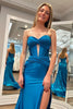 Load image into Gallery viewer, Sparkly Mermaid Dark Blue Corset Prom Dress with Slit