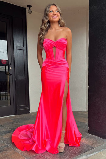 Sparkly Mermaid Hot Pink Corset Prom Dress with Slit