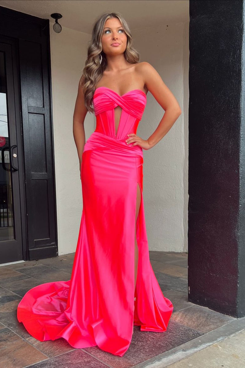 Load image into Gallery viewer, Sparkly Mermaid Hot Pink Corset Prom Dress with Slit