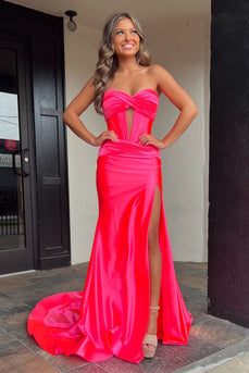 Sparkly Mermaid Hot Pink Corset Prom Dress with Slit